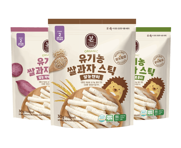 BONJUK Bon Organic Baby Rice Stick Set, 본 유기농 쌀과자 스틱 (30g) x 3 flavors